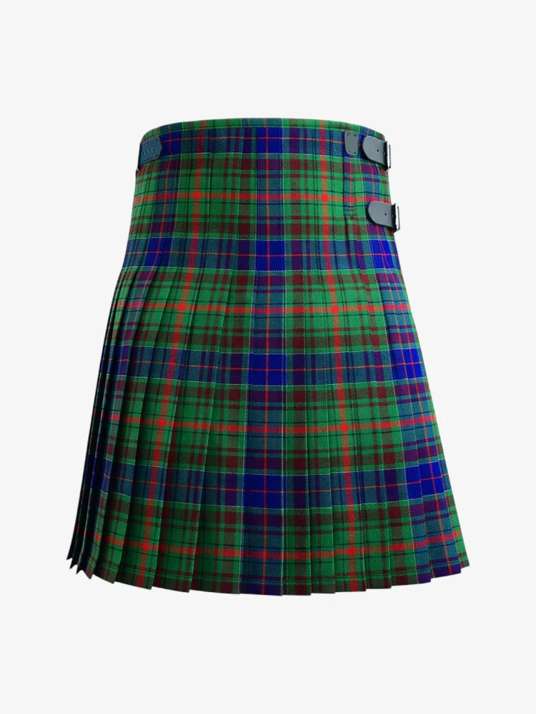 Plaid kilt with green, blue, and red pattern on a white background