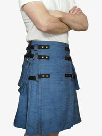 Blue denim kilt with black belt and buckles on a white background