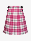 Pink and white plaid kilt with black buttons on a white background