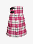 Pink and white plaid kilt with black belt on a white background