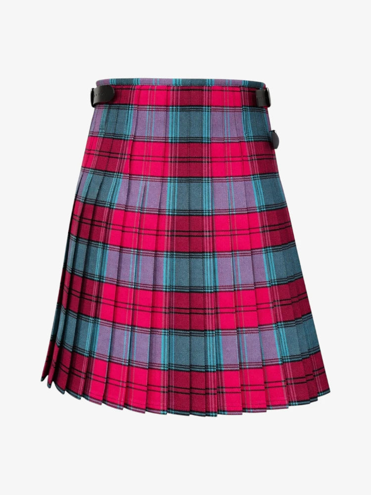 Plaid kilt with a pink and blue pattern on a white background