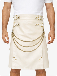 Biege Cream Leather Utility Kilt with Chain Detailing & Adjustable Straps