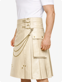 Biege Cream Leather Utility Kilt with Chain Detailing & Adjustable Straps
