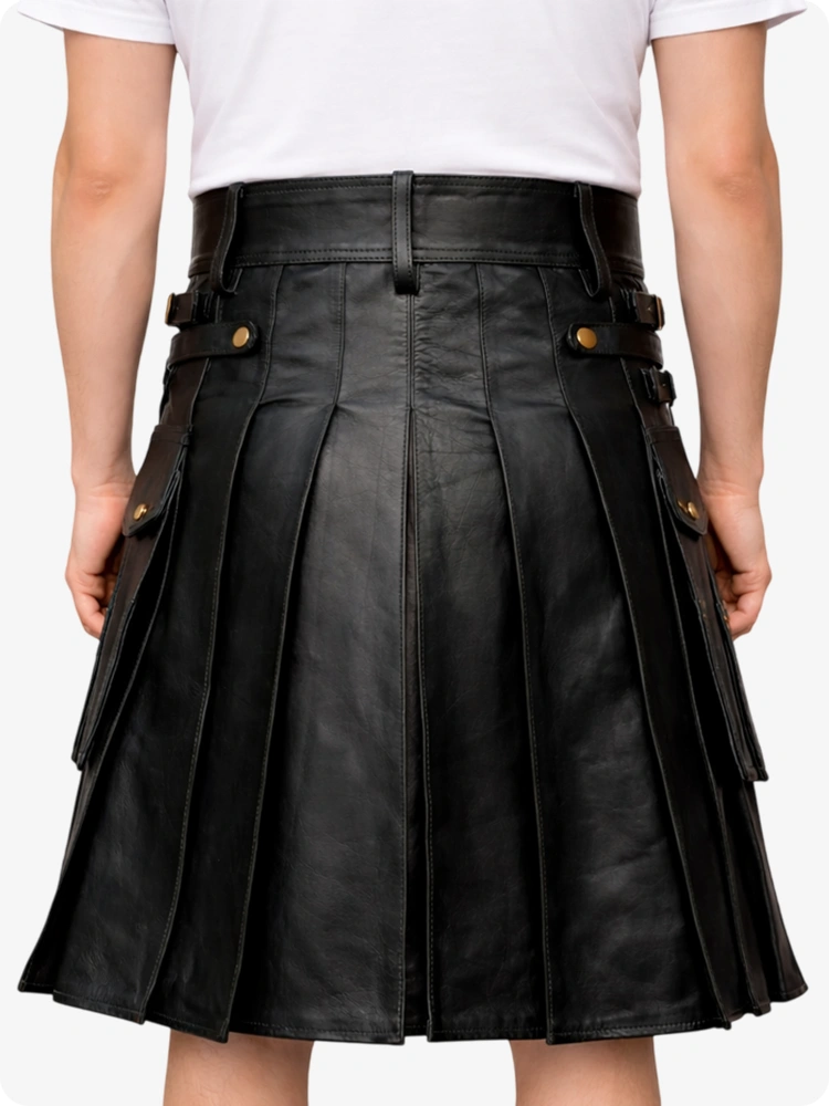 Black leather skirt worn by a person on a white background