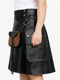 Black leather kilt with brown leather pouch on a white background