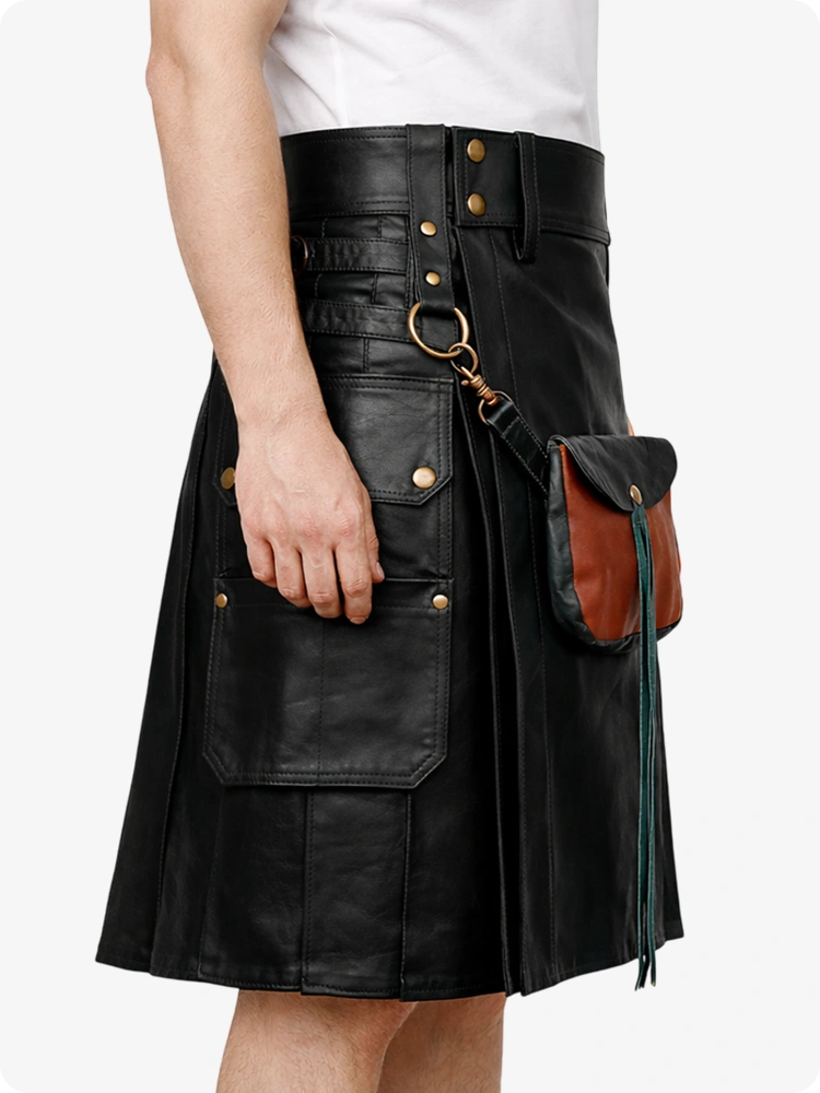 Black leather kilt with brown pocket on a white background