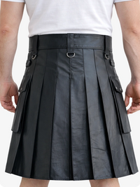Black Genuine Leather Utility Kilt with Cargo Pockets & D-Rings