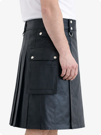 Black Genuine Leather Utility Kilt with Cargo Pockets & D-Rings