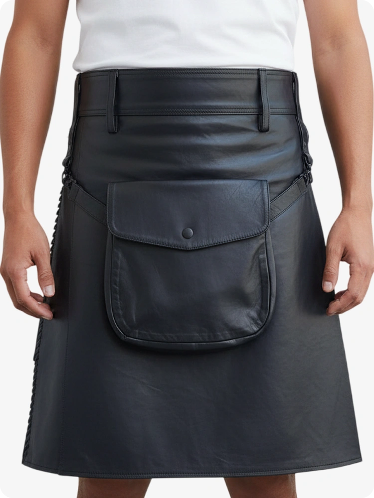Black Leather Pleated Kilt with Belt Loops & Side Straps