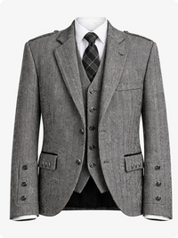 Gray herringbone suit with vest and tie on a white background
