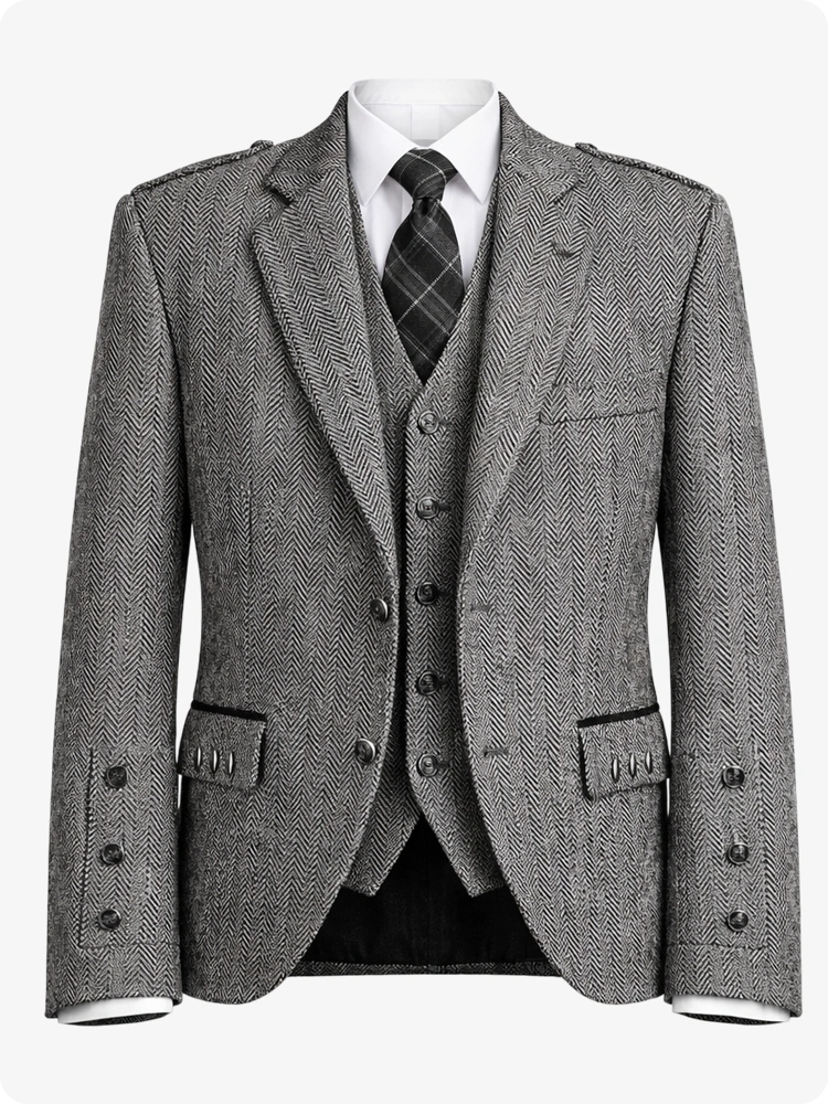 Gray herringbone suit with vest and tie on a white background