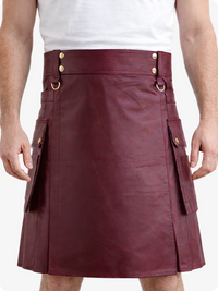 Burgundy Genuine Leather Utility Kilt with Cargo Pockets & D-Rings