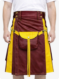 Burgundy Leather Utility Kilt with Yellow Accents & Detachable Pockets