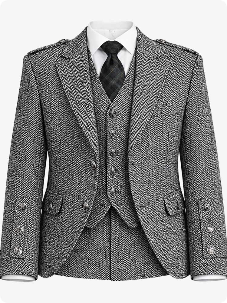Gray herringbone suit with jacket, waistcoat, and tie on a white background
