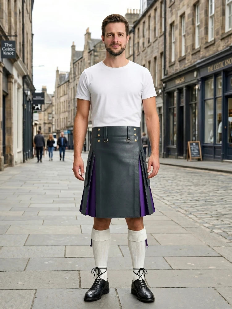 Charcoal Leather Kilt With Purple Pleats