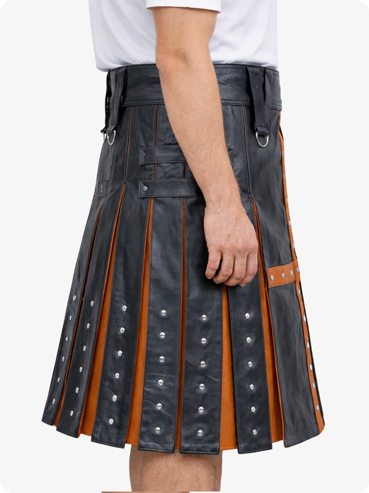 Charcoal Leather Utility Kilt with Brown Cross Panel & Metal Rivet Detailing