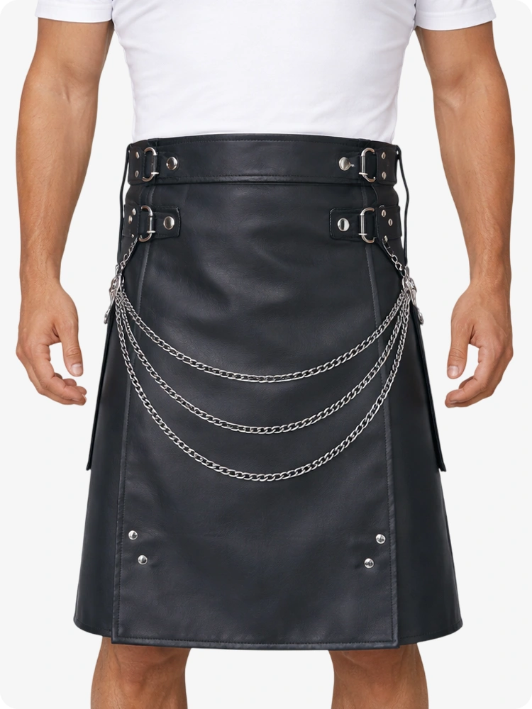 Charcoal Leather Utility Kilt with Chain Detailing & Adjustable Straps