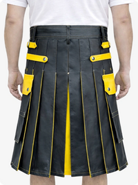 Charcoal kilt with yellow accents worn by a person on a white background