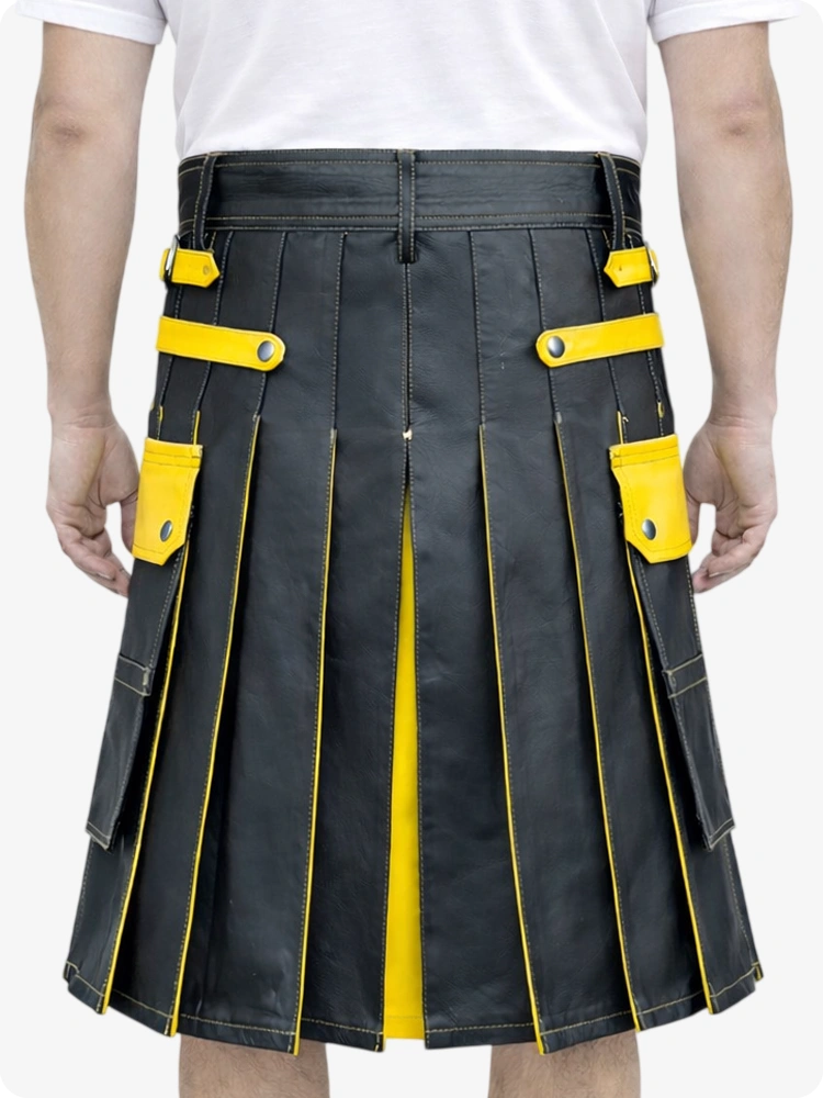 Charcoal kilt with yellow accents worn by a person on a white background