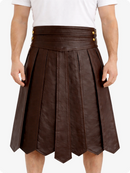 Chocolate Brown leather skirt worn by a person on a white background
