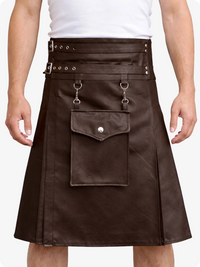 Chocolate Brown leather kilt with metal accents on a white background