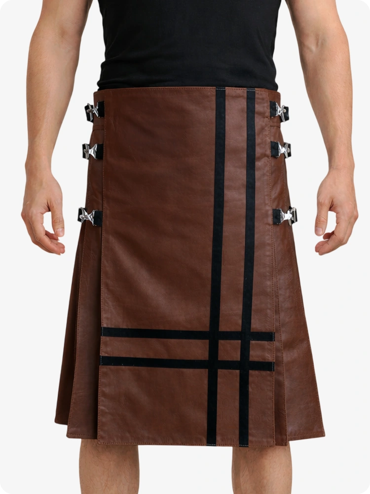 Chocolate Brown Leather Utility Kilt with Side Buckles & Pleated Back