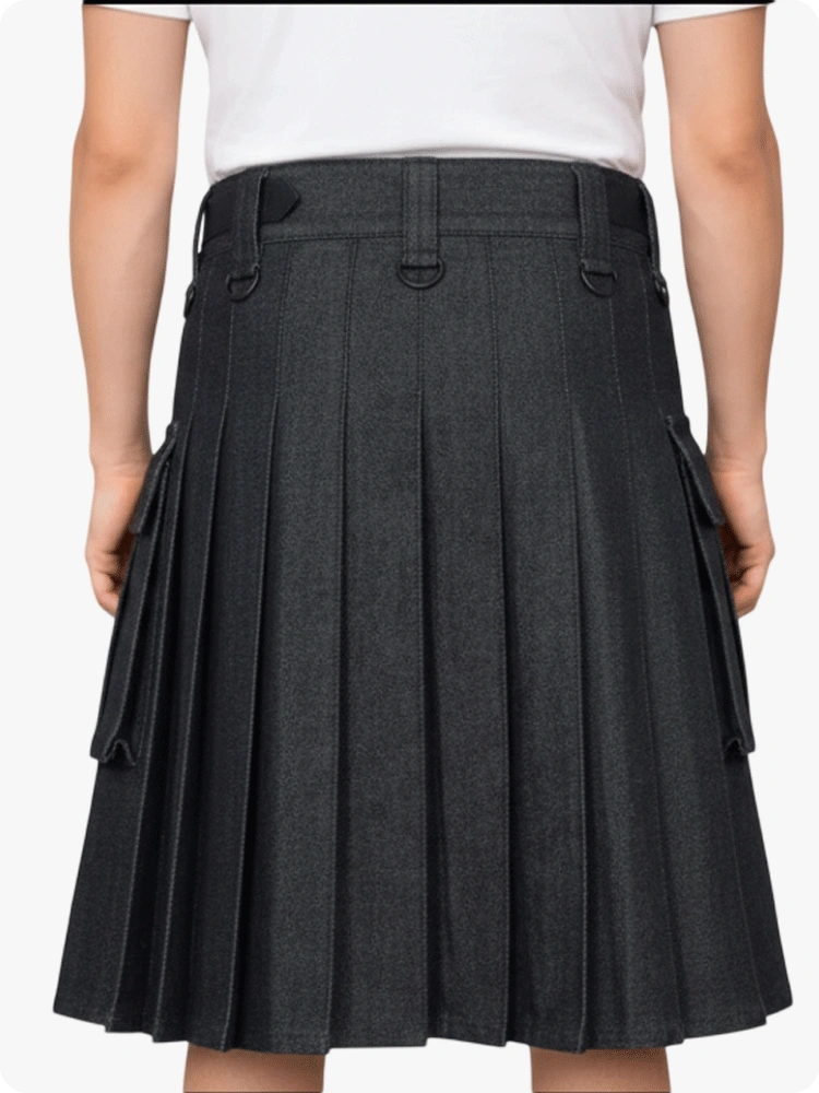 Gray pleated skirt worn by a person on a white background