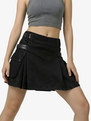 Black skirt with leather accents worn by a model on a white background