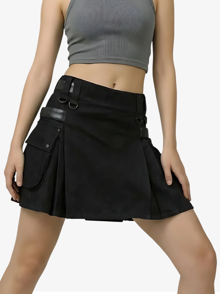 Black skirt with leather accents worn by a model on a white background