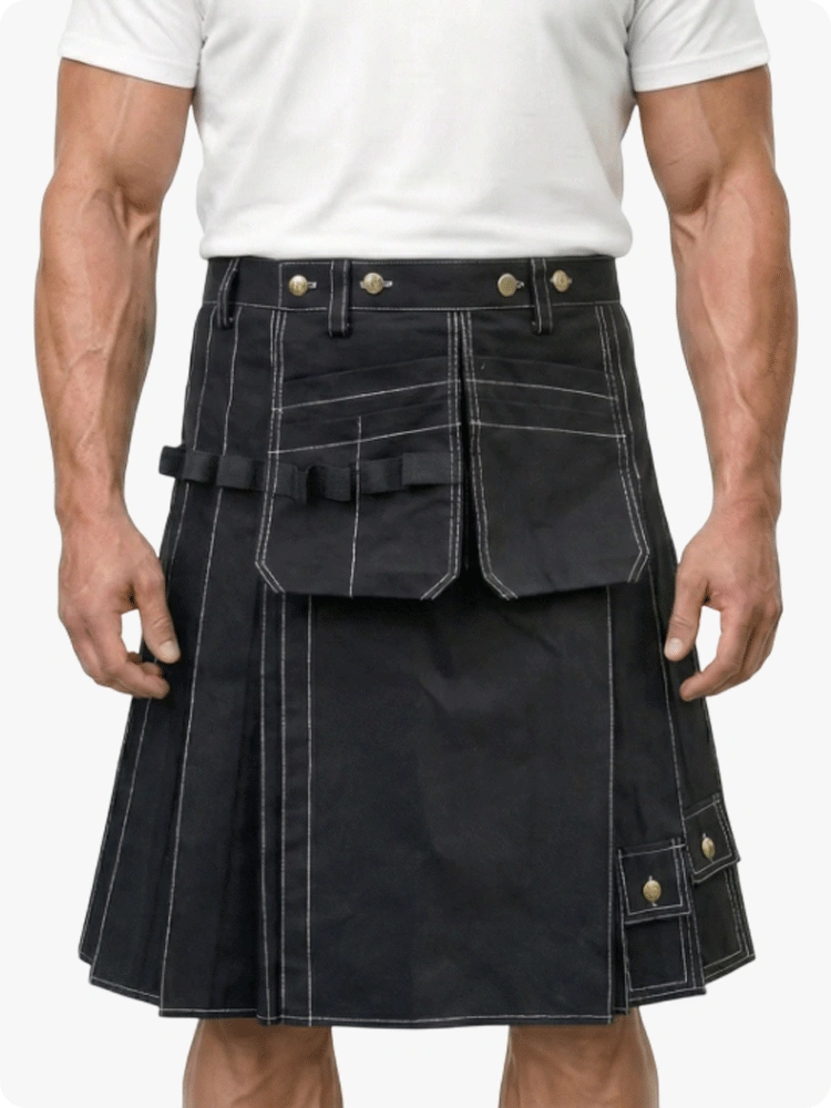 Black kilt with multiple pockets worn by a person on a white background