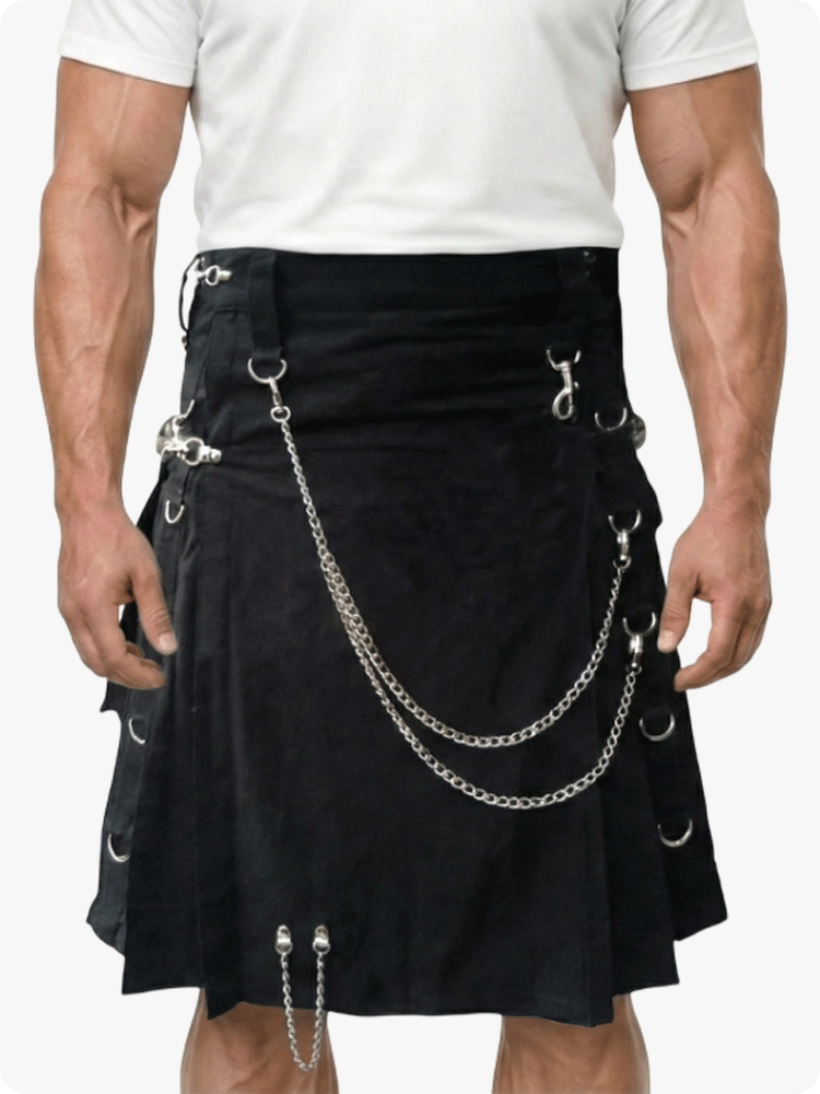 Black kilt with silver chains and hooks worn by a person on a white background