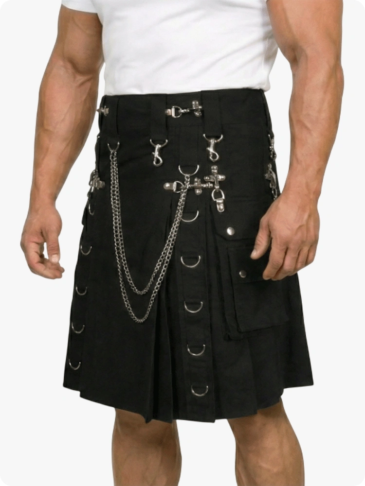 Black kilt with silver chains and hardware on a white background