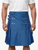 Person wearing a blue kilt with metal buttons on a white background