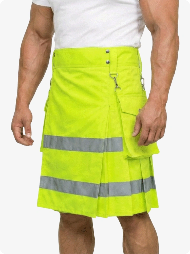 Person wearing a bright yellow safety kilt with reflective stripes on a white background