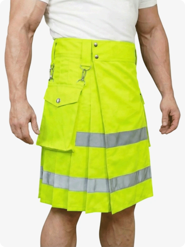 Person wearing a bright yellow safety kilt with reflective stripes on a white background