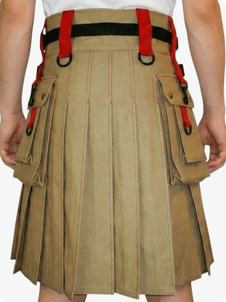 Tan kilt with red straps and pockets on a white background
