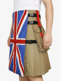 Kilt with British flag design and beige pocket on a white background