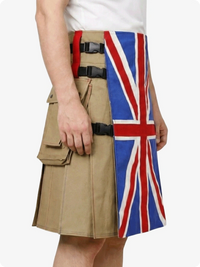 Person wearing a kilt with a Union Jack design on a white background