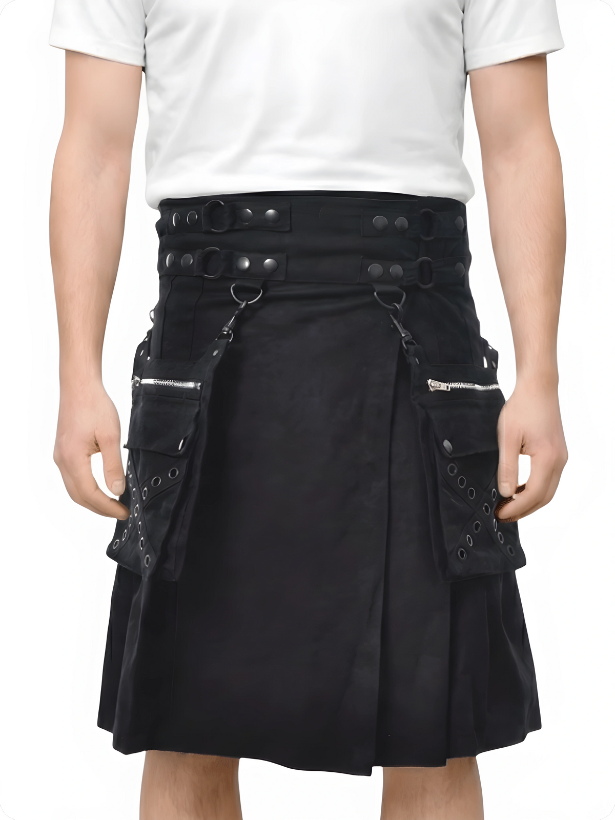 Casual Black Utility Kilt with Two Front Pockets