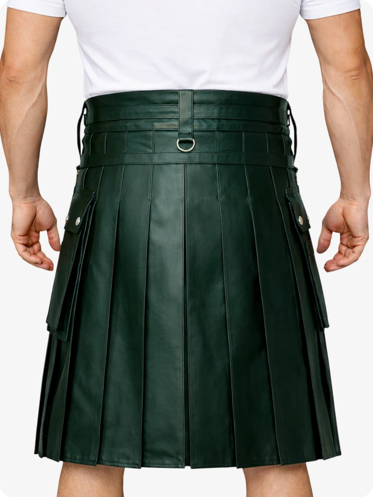 Dark Green pleated kilt worn by a person on a white background