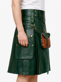 Dark Green leather kilt with brown leather pocket on a white background