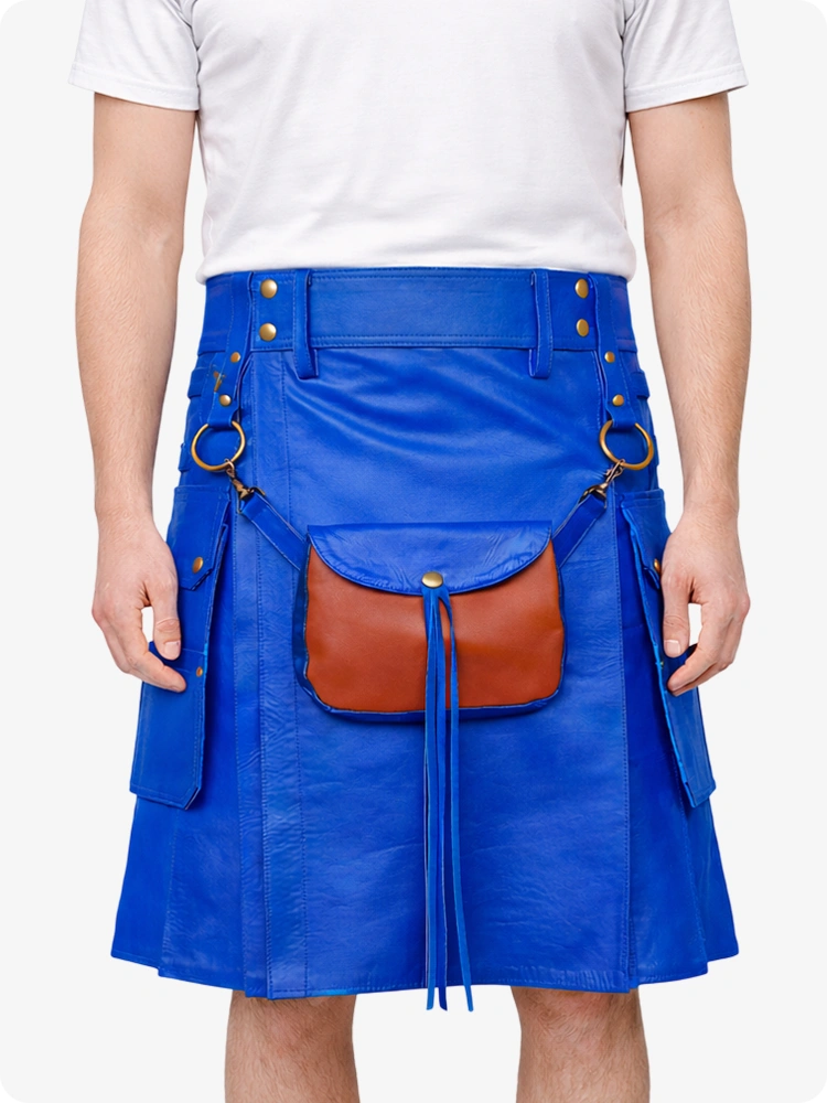 Electric Blue Leather Utility Kilt with Front Sporran