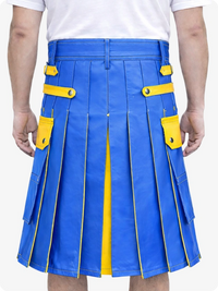 Electric Blue Leather Utility Kilt with Yellow Accents & Detachable Pockets