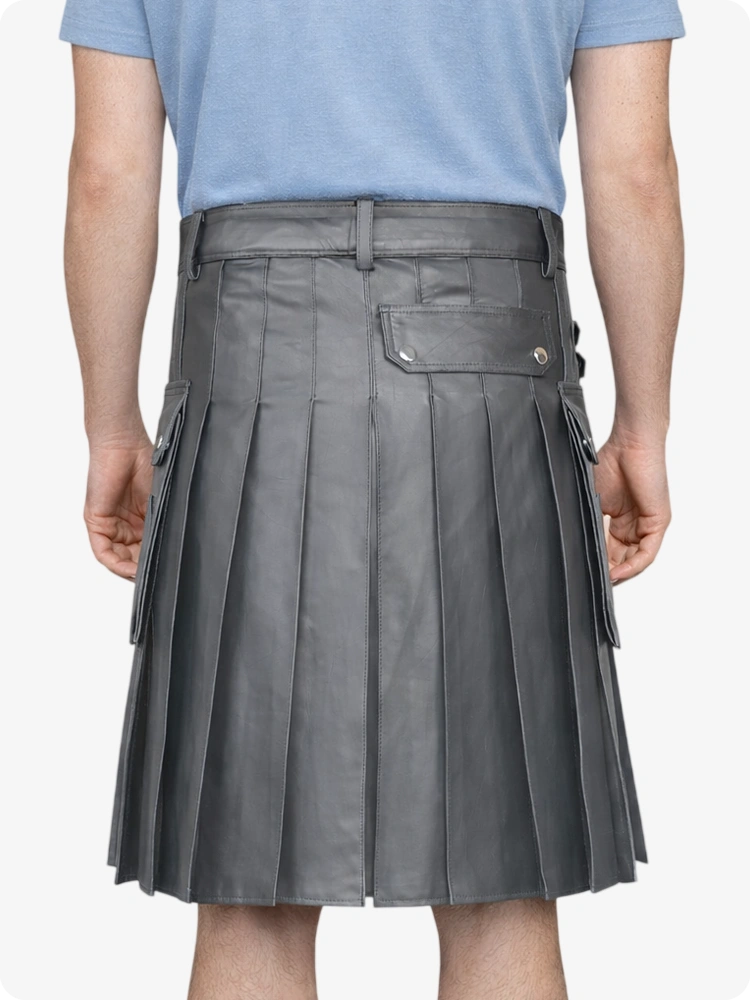 Grey Genuine Leather Utility Kilt with Side Pockets