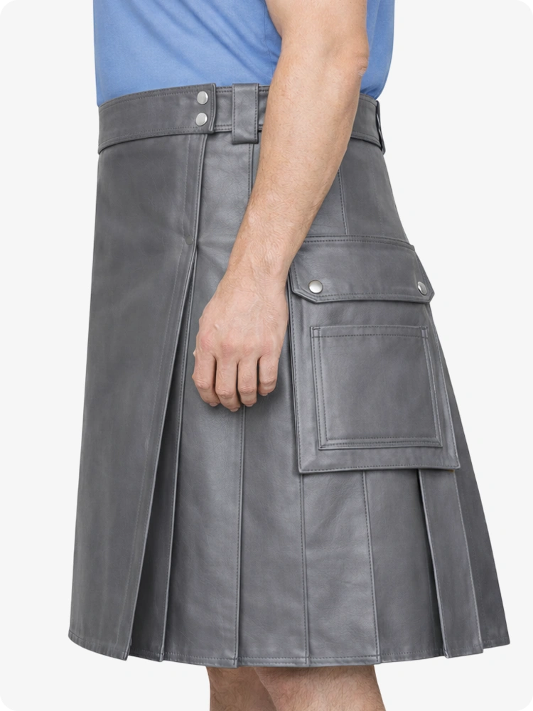 Grey Genuine Leather Utility Kilt with Side Pockets