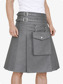 Gray kilt with belt and pockets worn by a person on a white background