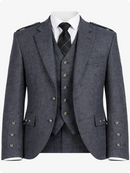 Gray suit with jacket, waistcoat, and tie on a white background