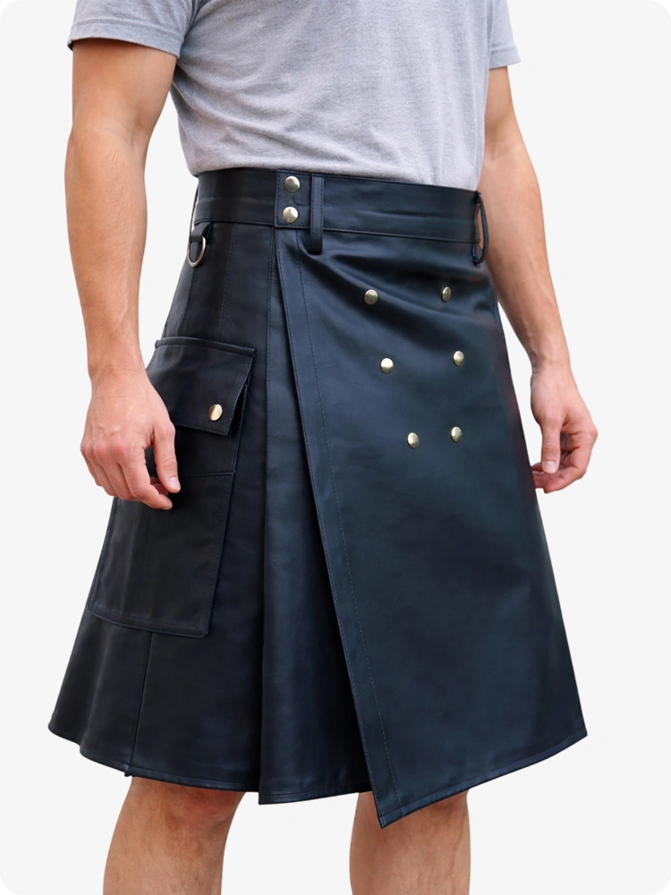 Handcrafted Black Leather Utility Kilt with Front Button Rivets