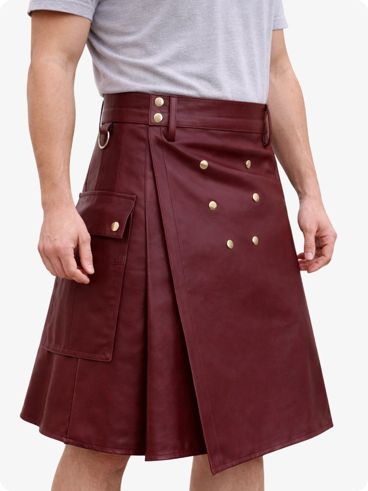 Handcrafted Maroon Leather Utility Kilt with Front Button Rivets