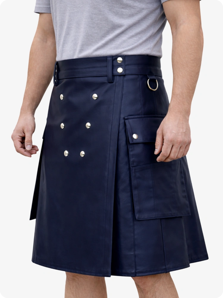 Handcrafted Navy Blue Leather Utility Kilt with Front Button Rivets